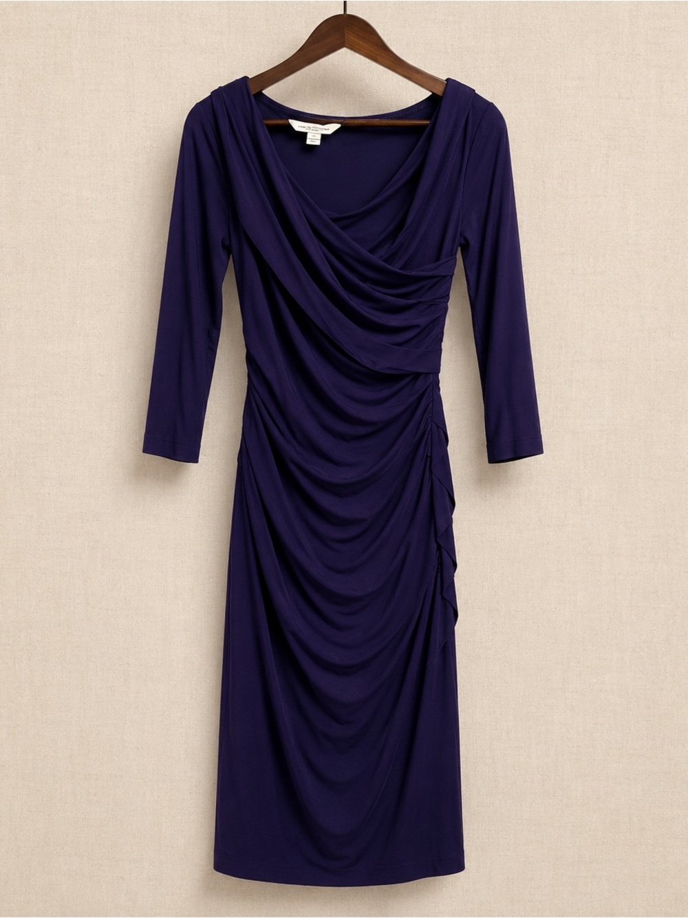 DVF Bentley Ruched Jersey Dress Cobalt Blue Cowl Neck Midi Dress S